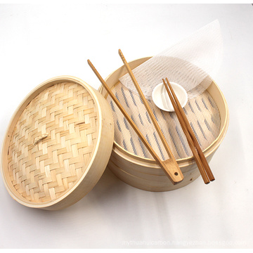 Handmade Natural 8 Inch 2 Tier Bamboo Steamer With Dish And Liners